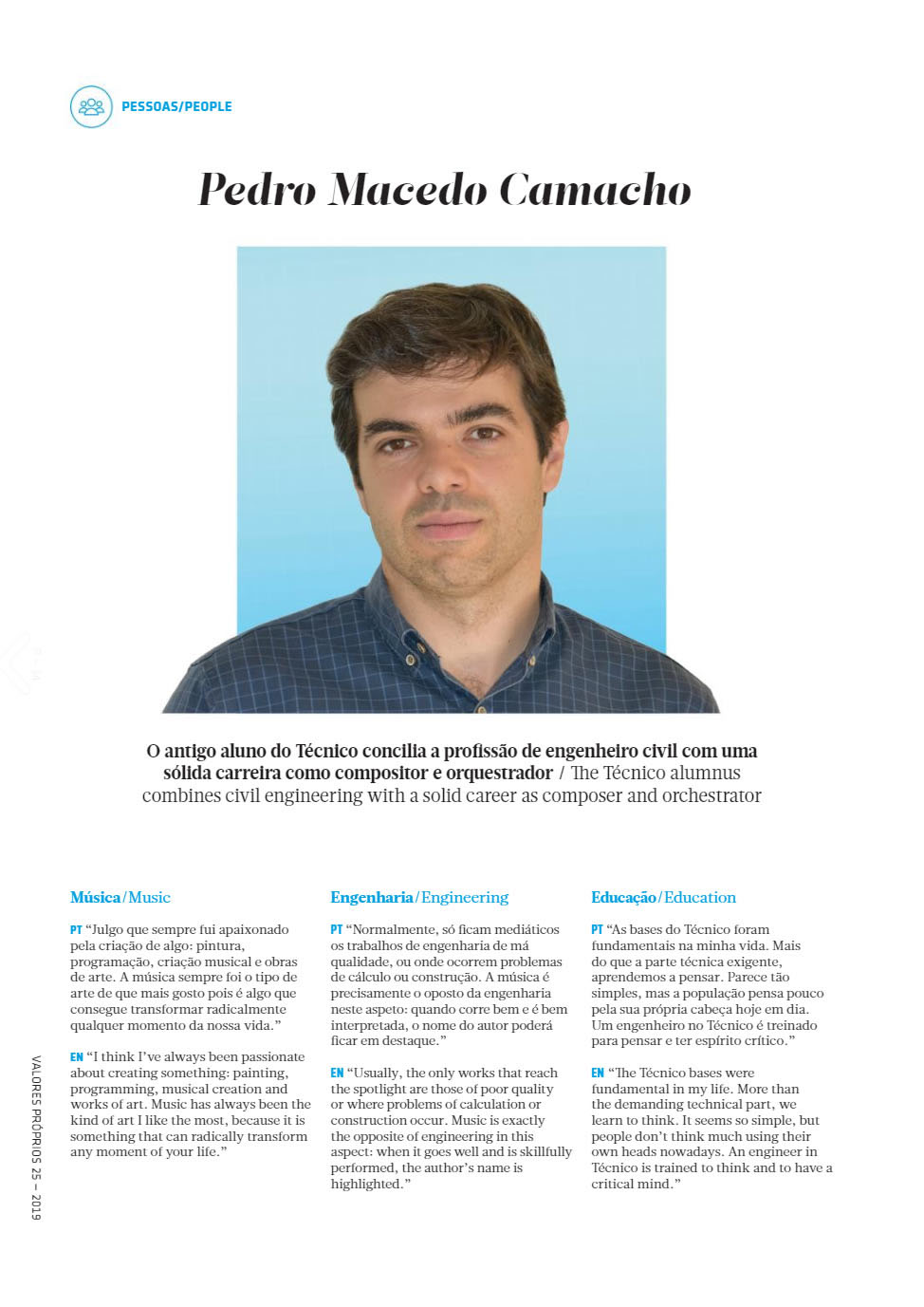 Página com entrevista a Pedro Macedo Camacho na revista Valores Próprios editada pelo Instuto Superior Técnico